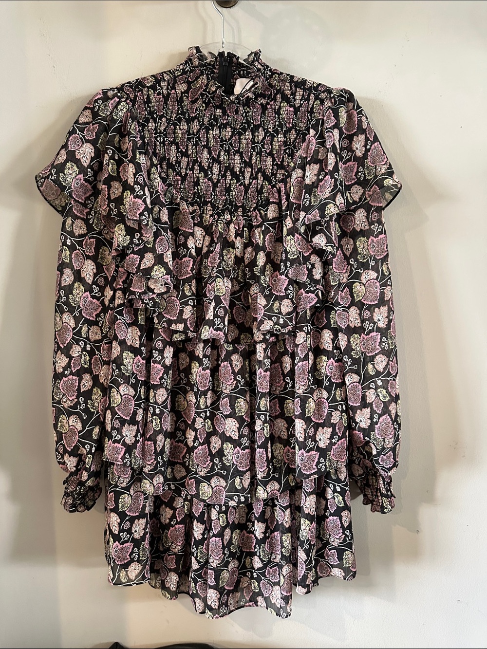 cinq a sept Black Floral Smocked Ruffle Long-Sleeve Mini Dress
